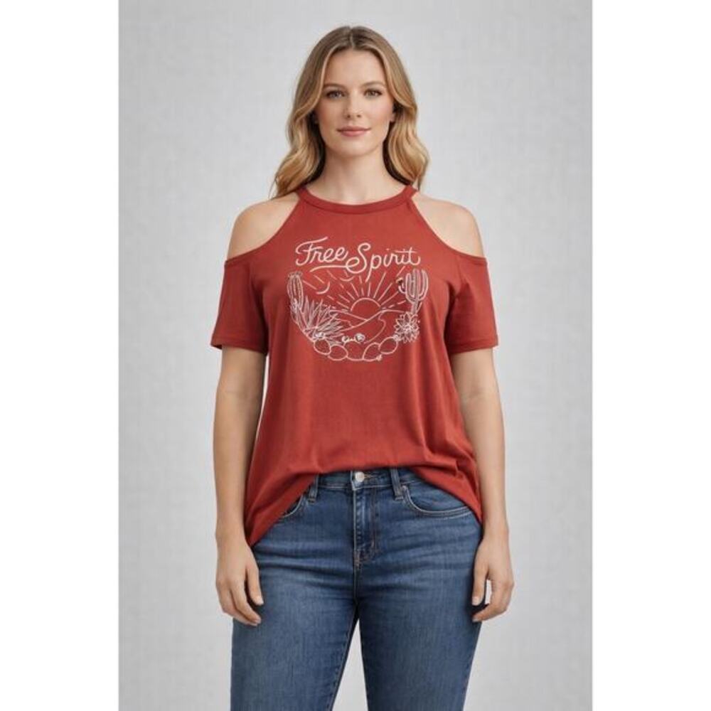 Torrid Free Spirit Desert Graphic Cold Shoulder Boho Western Relaxed Top 0 - Picture 1 of 9
